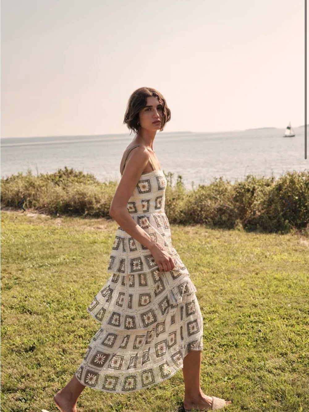 SAYLOR LIYLAH Square-Motif Midi Dress in Cream and Beige